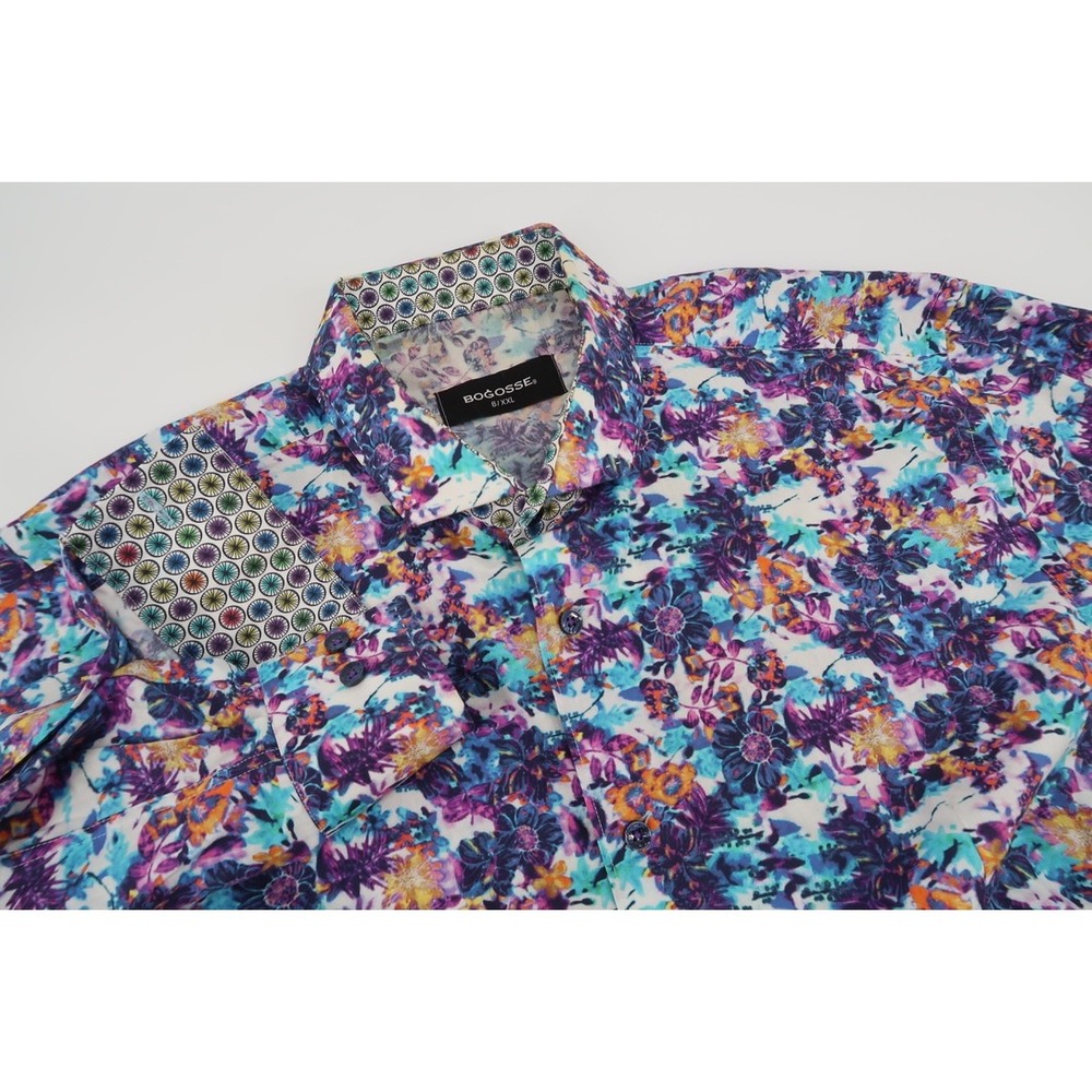 Bogosse Button Down Flip Cuff Shirt Mens XXL 6 Multicolor Floral‎ Long Sleeve